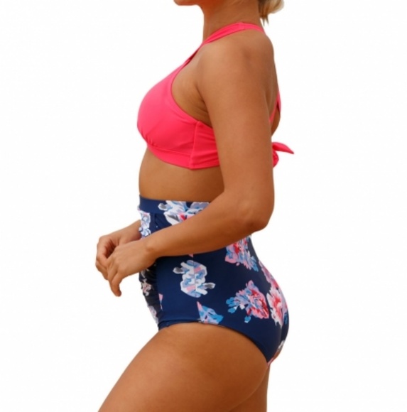 Pink Cross Front Bikini Vintage Floral High Wai - Picture 2 of 5
